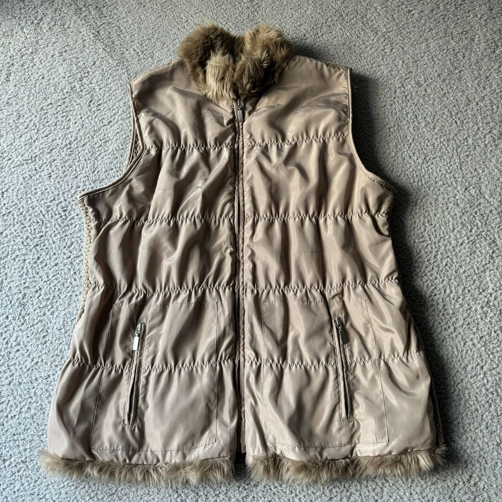 NEW Chico's Vest Womens Large 2 Beige‎ Jacket Faux Fur Quilted Full Zip Knit